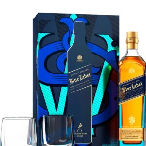 Kit Whisky Johnnie Walker Blue Label Sparkle 750ml com 2 Copos Exclusivos de Cristal