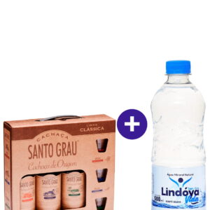Combo Kit Cachaça Santo Grau com 3 Garrafas 375ml e 3 Copos Exclusivos + Água Mineral Lindóya Sem Gás 500ml